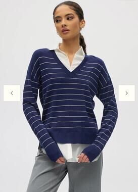 NEW Hilary Radley V-Neck Sweater Top Combo in Blue & Off-White Stripes(Size: XL)